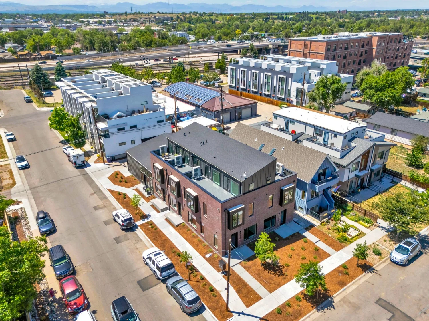 Aerial view of the Cherokee Street townhomes on the corner of Warren and Cherokee