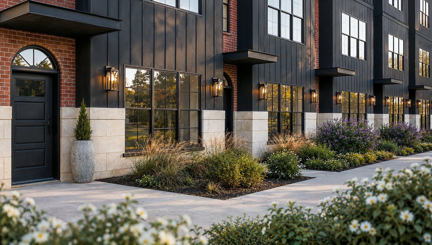 Recessed entry alcove and planted garden