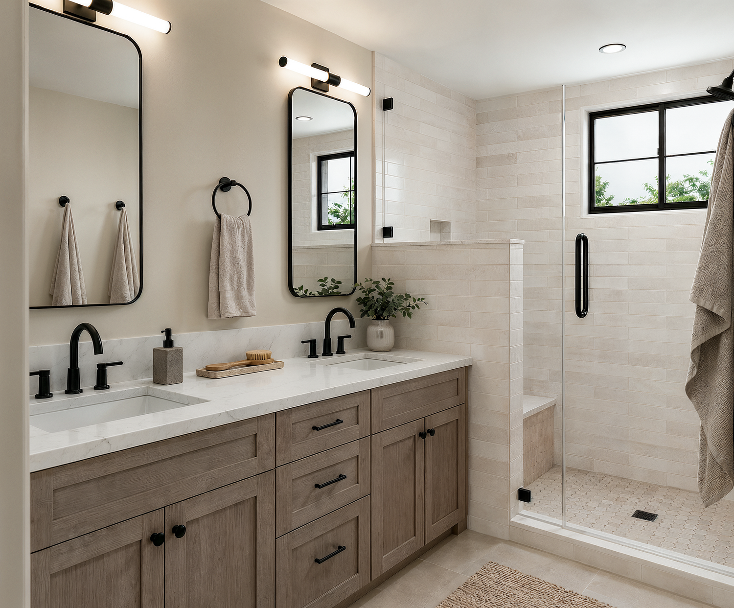 Primary bath with oak vanity