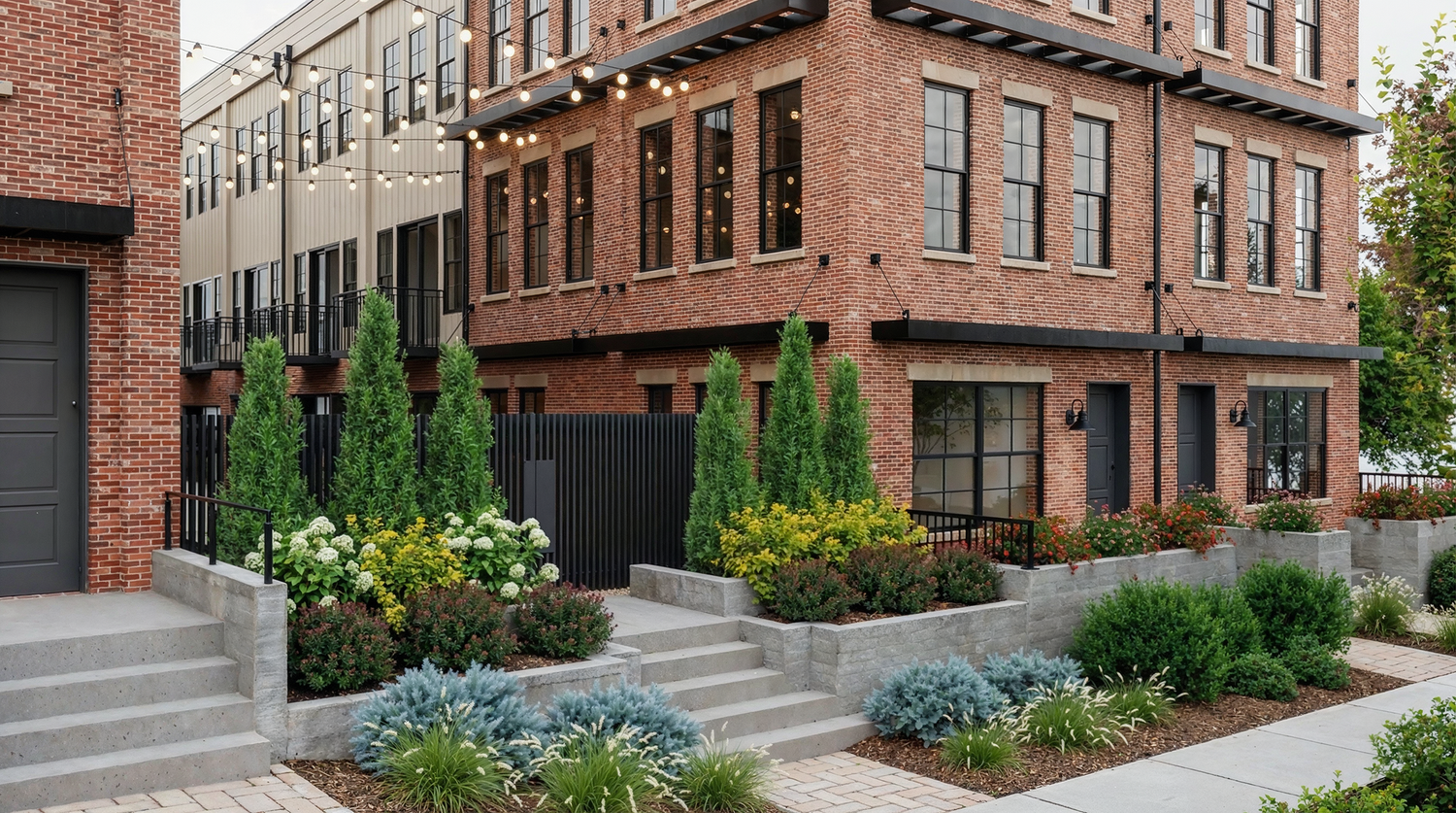 The Lowell Brownstones, corner elevation in red brick with stone sills and headers