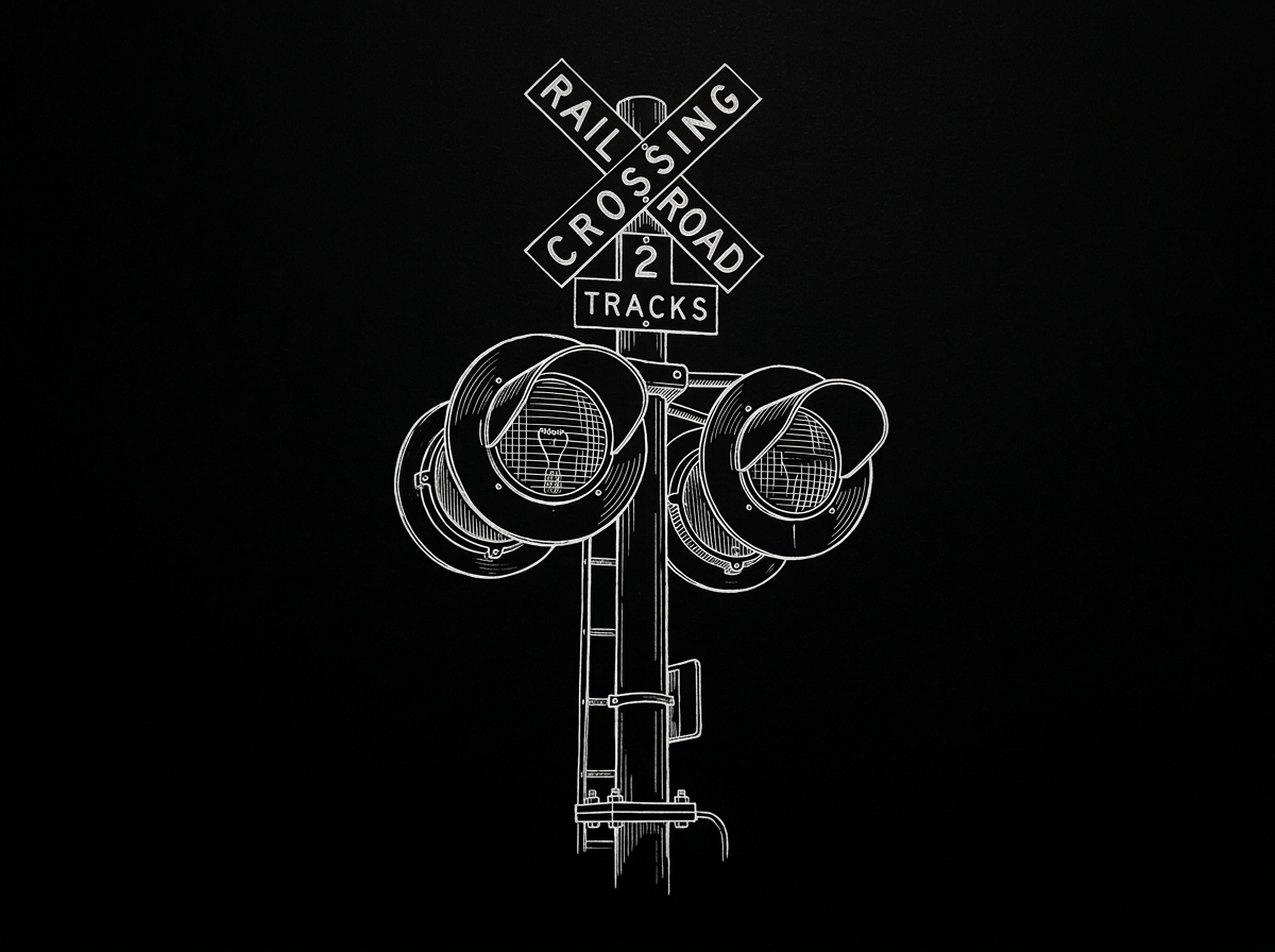 Line drawing of a railroad crossing signal with flashing lights, a sign that reads 'Railroad Crossing' and another sign stating '2 Tracks' on a black background.