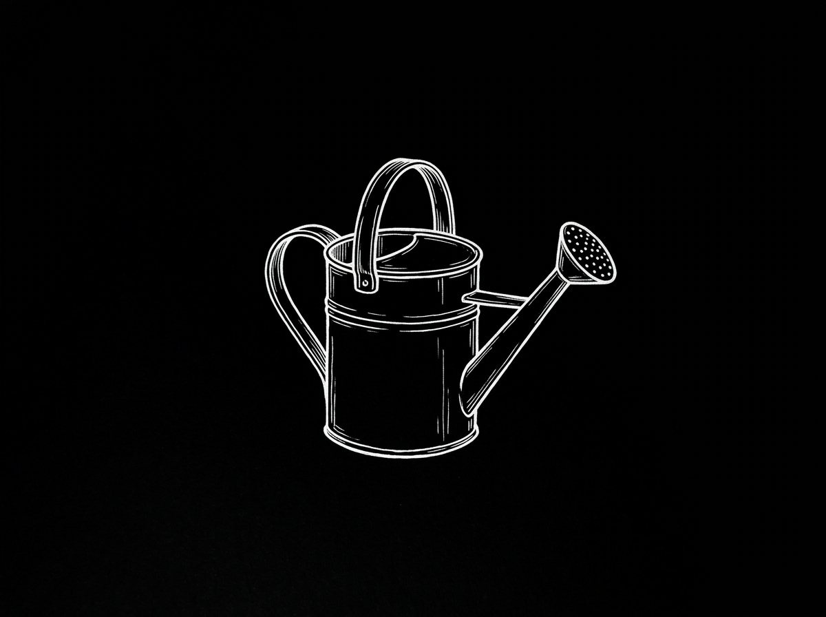 Line drawing of a watering can on a black background.