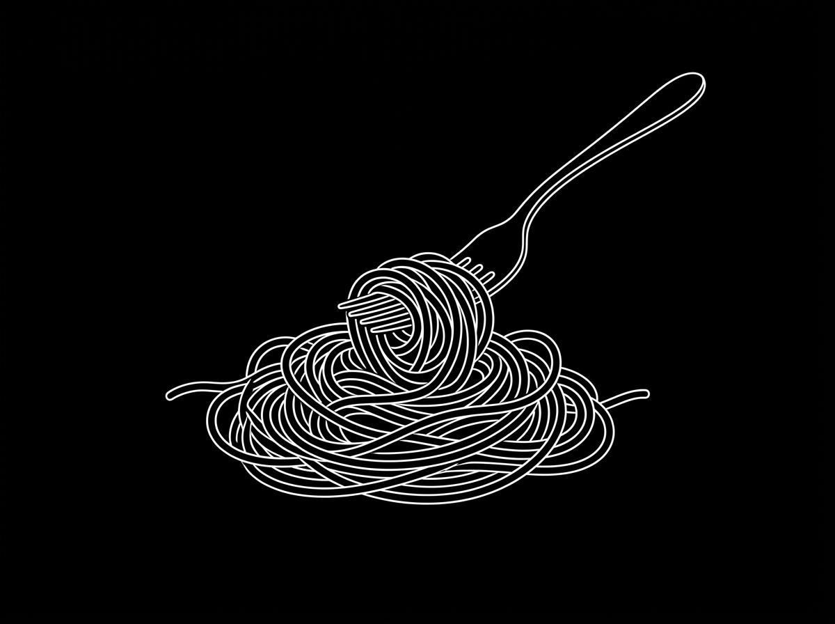 Line drawing of a fork twirling spaghetti noodles on a black background.