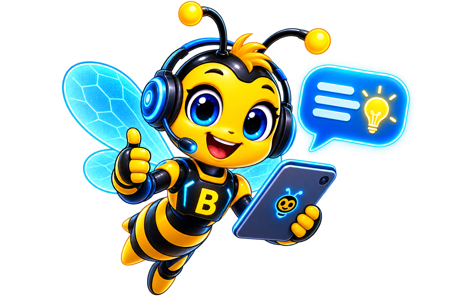 A cartoon bee character with a headset, holding a smartphone, giving a thumbs-up, with events that look like a glowing chat bubble and a lightbulb, plus shiny blue wings and a black and yellow striped body.