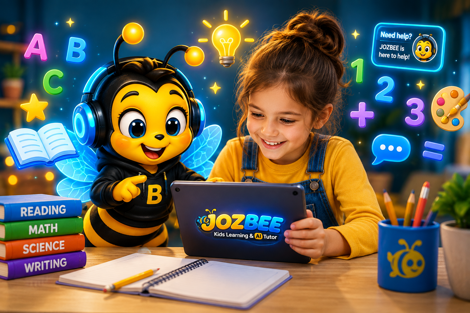 A young girl using a tablet with a cartoon bee mascot, surrounded by colorful educational icons, books labeled Reading, Math, Science, and Writing, and various learning symbols.