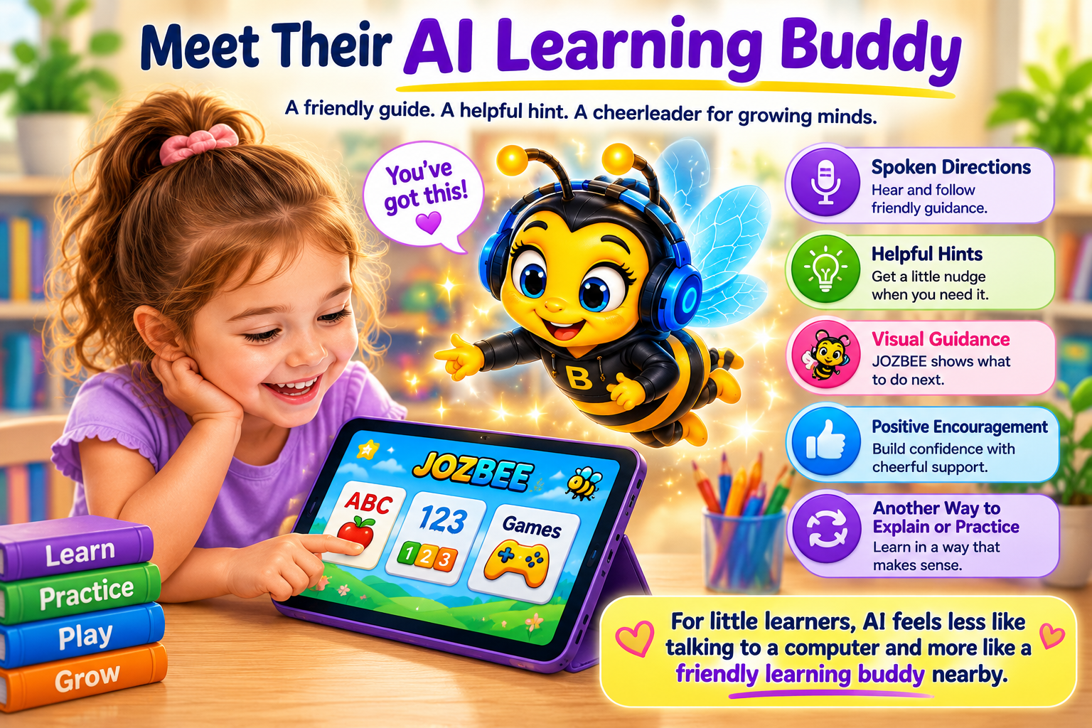 A promotional image for Jozbee, an AI learning buddy for children. Features a young girl interacting with a tablet and a cartoon bee character with glowing effects, and lists features such as spoken directions, helpful hints, visual guidance, positive encouragement, and practice opportunities.