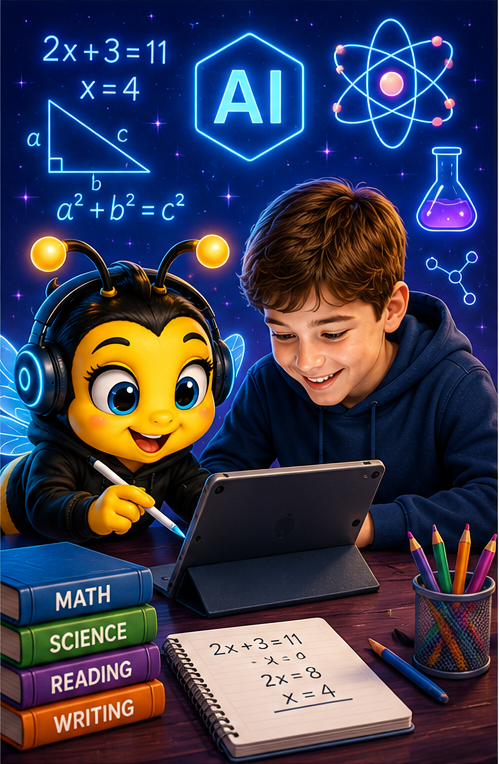 A young boy and an animated bee character are sitting together looking at a tablet. The background features science and math diagrams, including an atom, a beaker, a right triangle with algebra, and the AI symbol. There are colorful books labeled Math, Science, Reading, and Writing on the table, along with a notebook with algebraic equations and colored pencils in a holder.