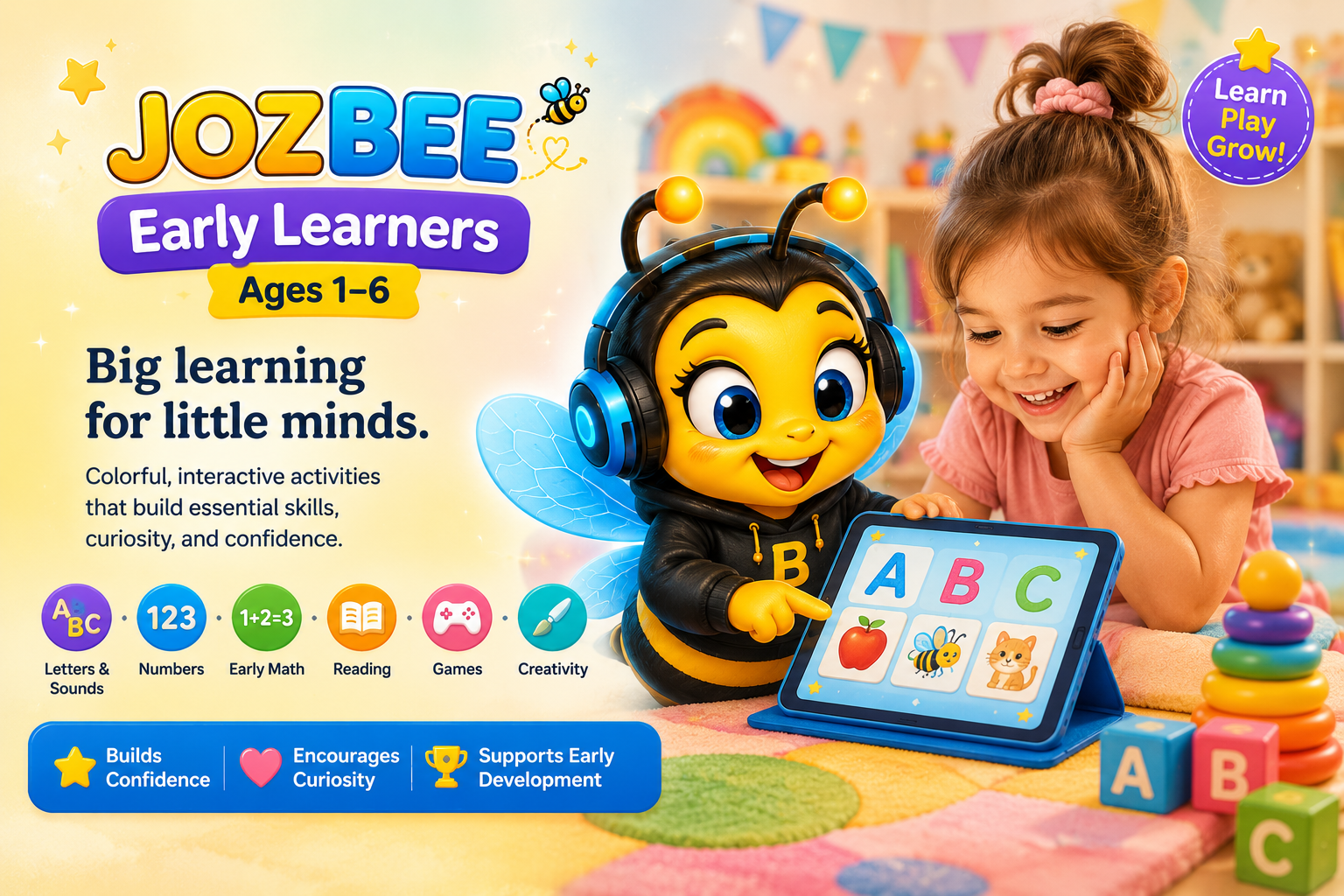 Packaging box for JOZBEE Early Learners, featuring a girl playing with a bee-themed robot toy and educational activities for children ages 1-6, emphasizing skills like letters, numbers, math, reading, creativity, confidence, curiosity, and early development.