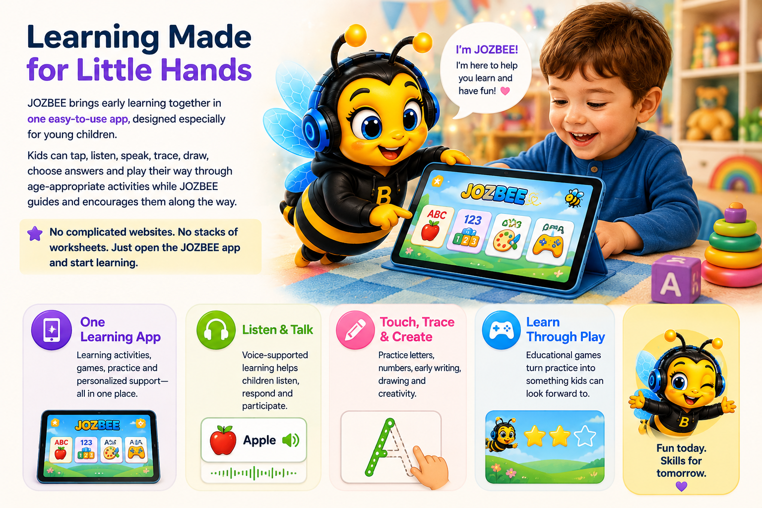A colorful advertisement for JOZBEE, an early learning app for children, showing a smiling kid with brown hair playing on a tablet, with a cartoon bee character wearing headphones. The background is a vibrant room with toys and rainbow decorations.