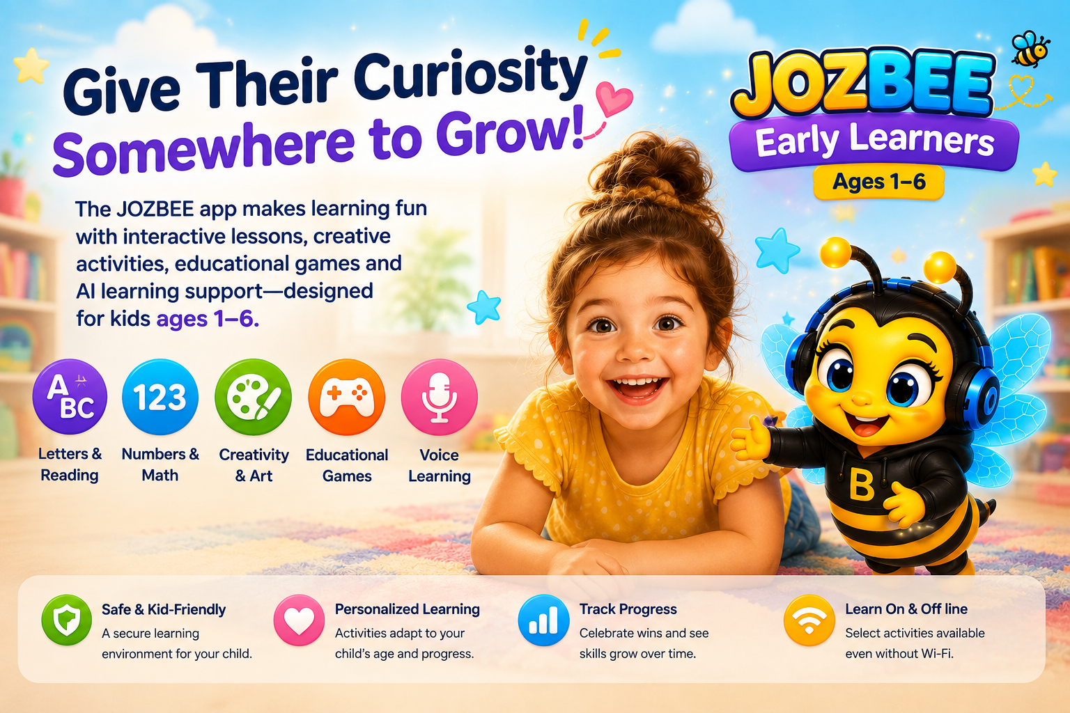 A promotional banner for the JozBee Early Learners app features a young girl lying on the floor and smiling, with a cartoon bee character wearing headphones and a hoodie. The text highlights the app's benefits for children ages 1-6, including interactive lessons, creative activities, educational games, and AI learning support. Icons below indicate features like letters and reading, numbers and math, creativity and art, educational games, and voice learning, along with icons for safe and kid-friendly environment, personalized learning, progress tracking, and offline learning.