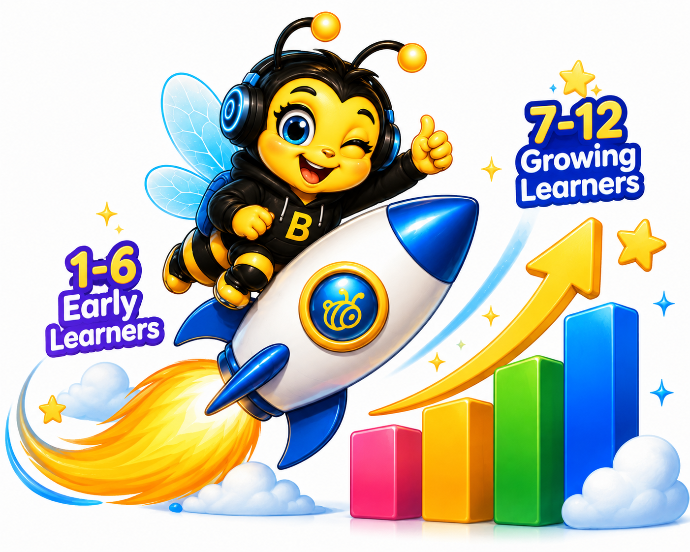 A cartoon bee character with blue wings and a black hoodie with a yellow 'B' rides a rocket with a bee logo, giving a thumbs-up and winking. The background includes colorful bar graphs, stars, clouds, and an upward arrow, with text indicating age groups '1-6 Early Learners' and '7-12 Growing Learners'.