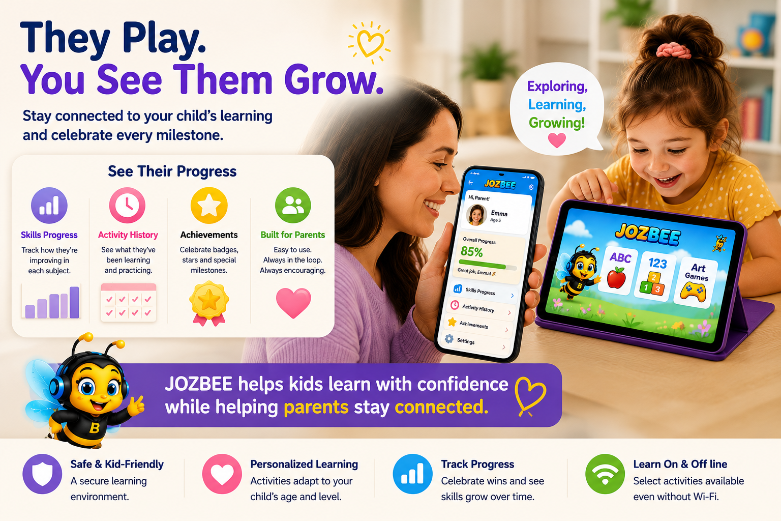 Advertisement for JOZBEE, a kids learning app, showing a parent and child using devices to track progress and celebrate milestones, with icons and text highlighting features like skills progress, activity history, achievements, and built-in parental controls.