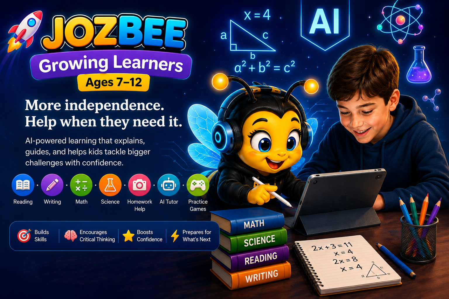 Promotional poster for JozBee Growing Learners, ages 7-12, featuring a smiling boy using a tablet and a cartoon bee character with headphones, surrounded by educational icons and books labeled Math, Science, Reading, and Writing, emphasizing AI-powered learning and skill building.