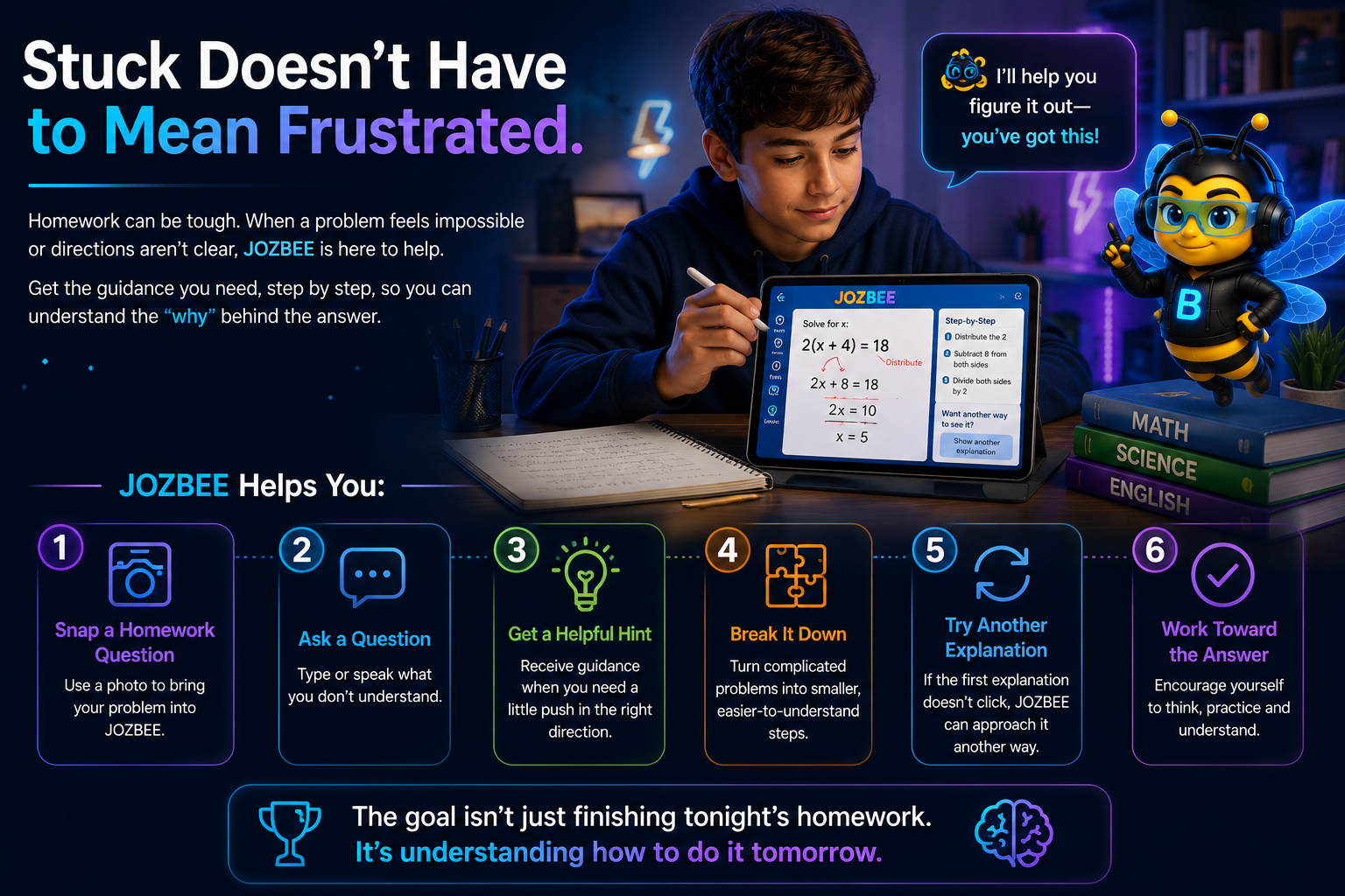 An illustrated infographic promoting Jozbee, an educational app for helping students with homework. It features a young boy using tablet with math problems, a bee mascot wearing glasses and a letter B, a stack of books, and colorful guidance steps for problem-solving.