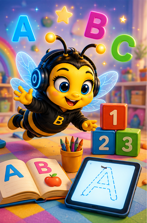 A cartoon bee with glowing blue wings and yellow antennae wears a black hoodie with a letter B, flying in a colorful room filled with alphabet and number toys. The bee has big blue eyes and is surrounded by floating letters A, B, C, stars, and candies. In front, an open book shows the letter A with a picture of an apple, and a tablet displays a dotted outline of the letter A. There are also colorful blocks numbered 1, 2, and 3, and a container with crayons.