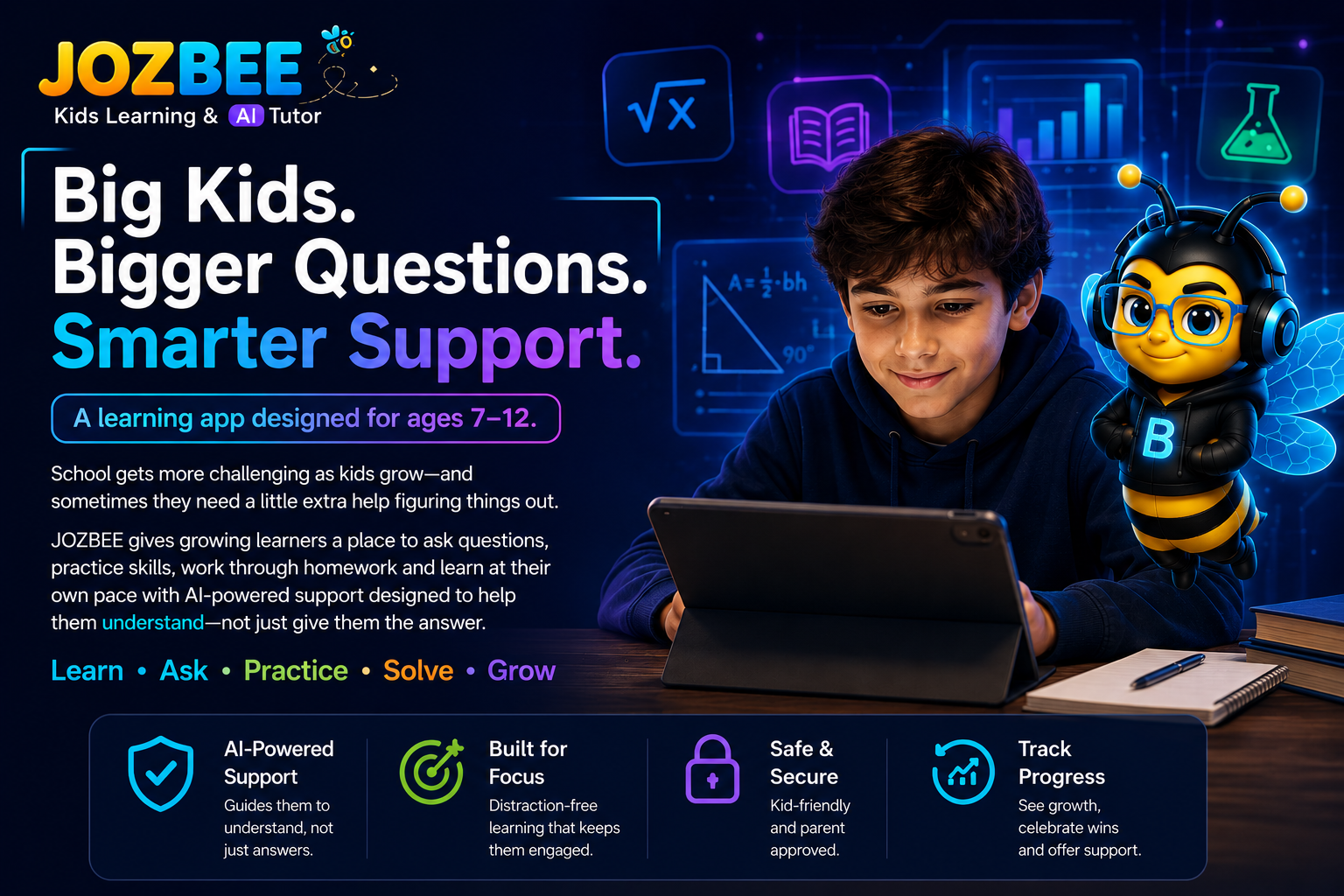 A promotional graphic for JozBee, a kids learning and AI tutor app for ages 7-12. The graphic features a boy using a tablet and a bee mascot wearing glasses, with educational icons and text highlighting features like AI-powered support, focus, security, and progress tracking.