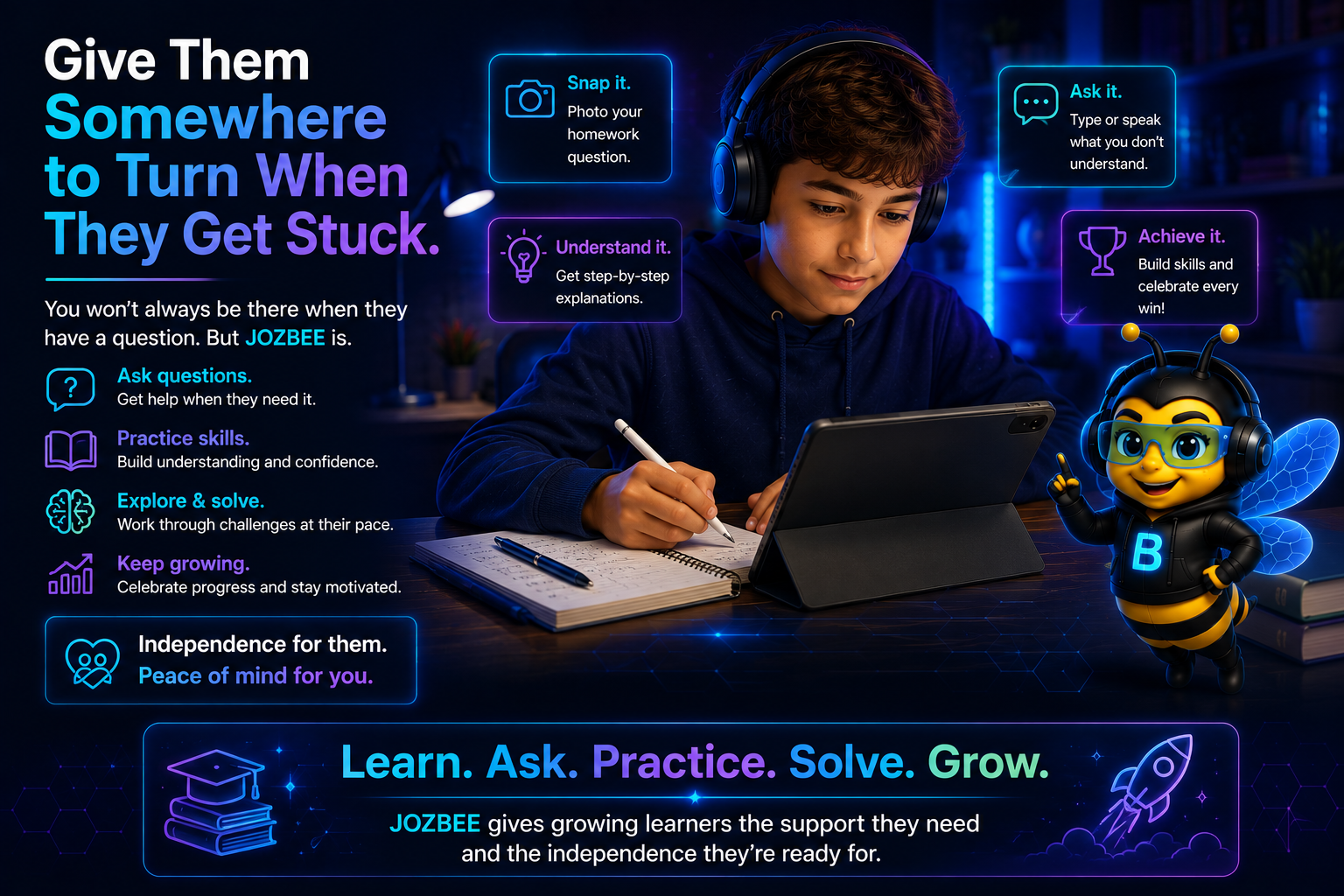 A child with headphones working on a tablet at a desk with a notebook, surrounded by educational icons and a cartoon bee mascot promoting learning support.