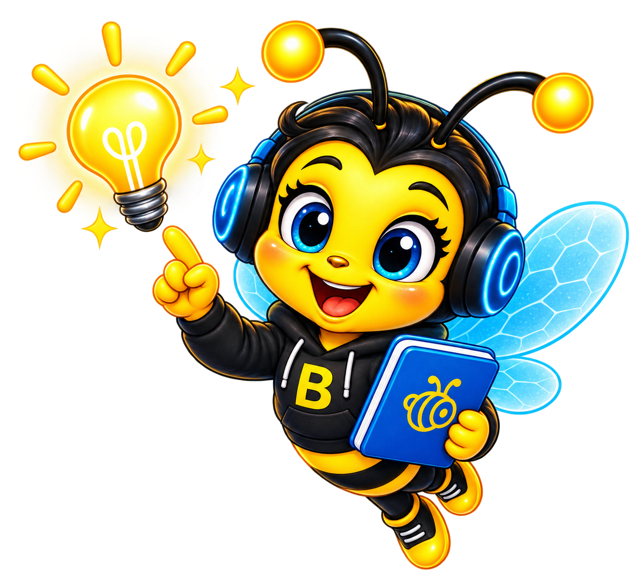Cartoon bee character with blue butterfly wings, black hoodie with a yellow B, black and yellow striped body, large blue eyes, wearing headphones, holding a blue book with a bee logo, pointing to a glowing yellow lightbulb.