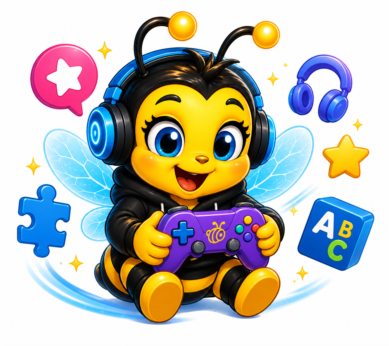 Cartoon bee character wearing headphones, holding a video game controller, surrounded by puzzle pieces, stars, a cube with letters, and fairy wings.