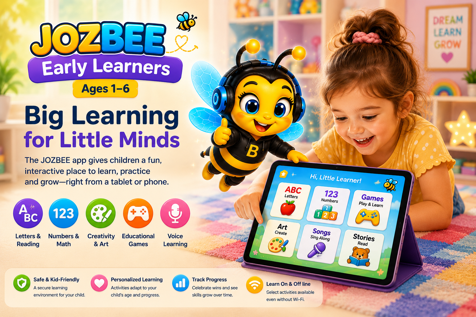 The image shows a young girl using a tablet to learn with the JOZBEE Early Learners app, which is designed for children ages 1-6. A cartoon bee character with headphones is flying next to her. The background includes a colorful room with a shelf of toys and a sign that reads 'Dream, Learn, Grow.' The app interface displays icons for letters, numbers, art, games, songs, and stories, along with icons for safe and kid-friendly learning, personalized activities, progress tracking, and offline learning.