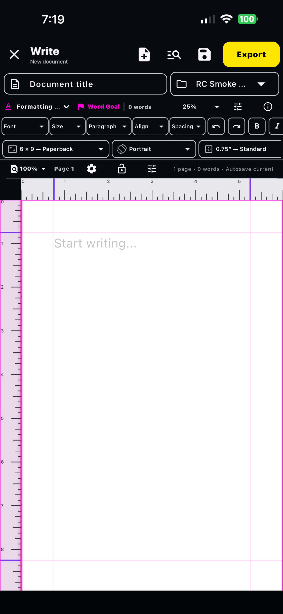 Rich writing editor with formatting, page setup, goals, autosave, and export controls.