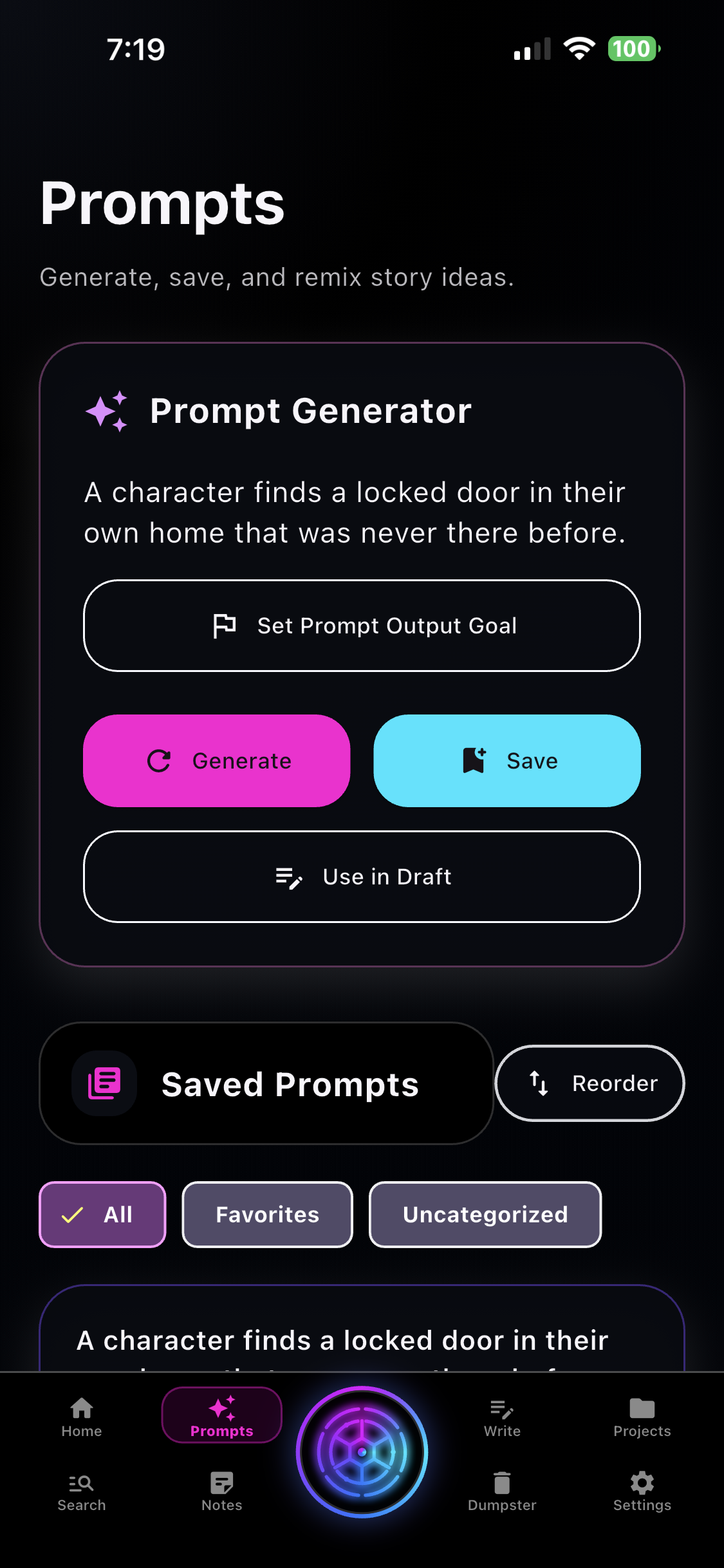 Prompt generator for creating, saving, organizing, and using story ideas in drafts.