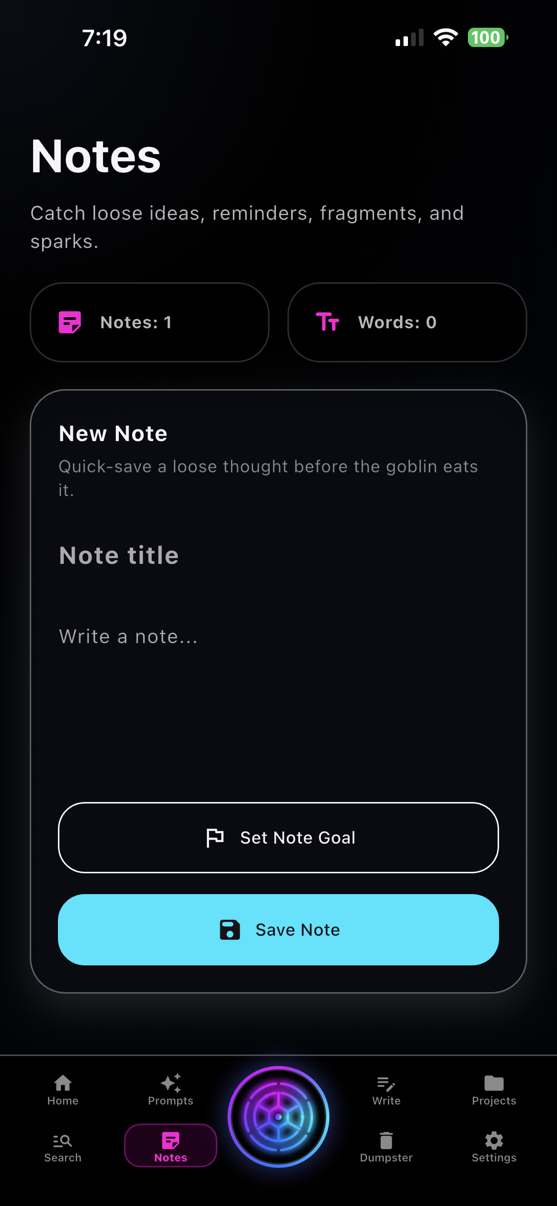Notes workspace for capturing loose ideas, reminders, fragments, and goals.