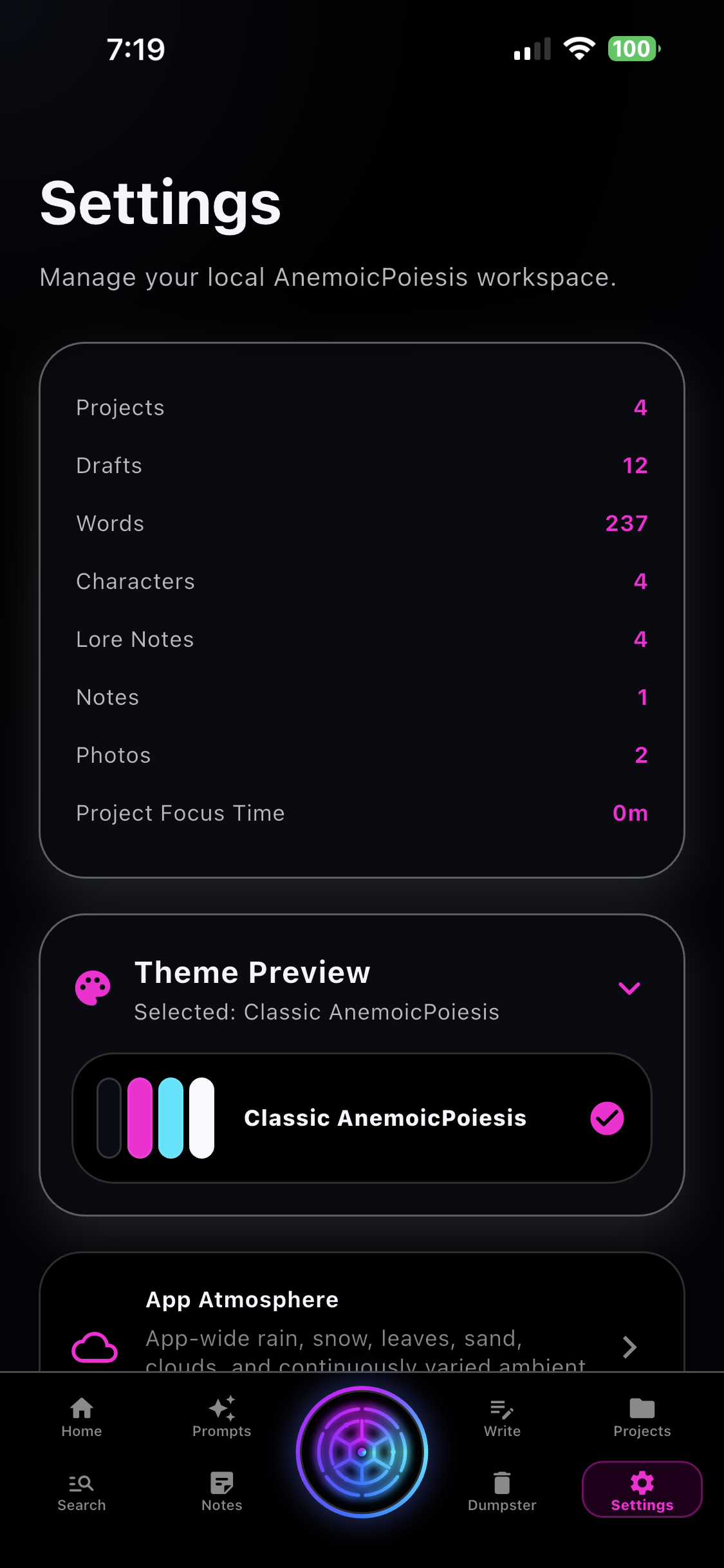 Settings dashboard for workspace statistics, themes, and atmosphere controls.
