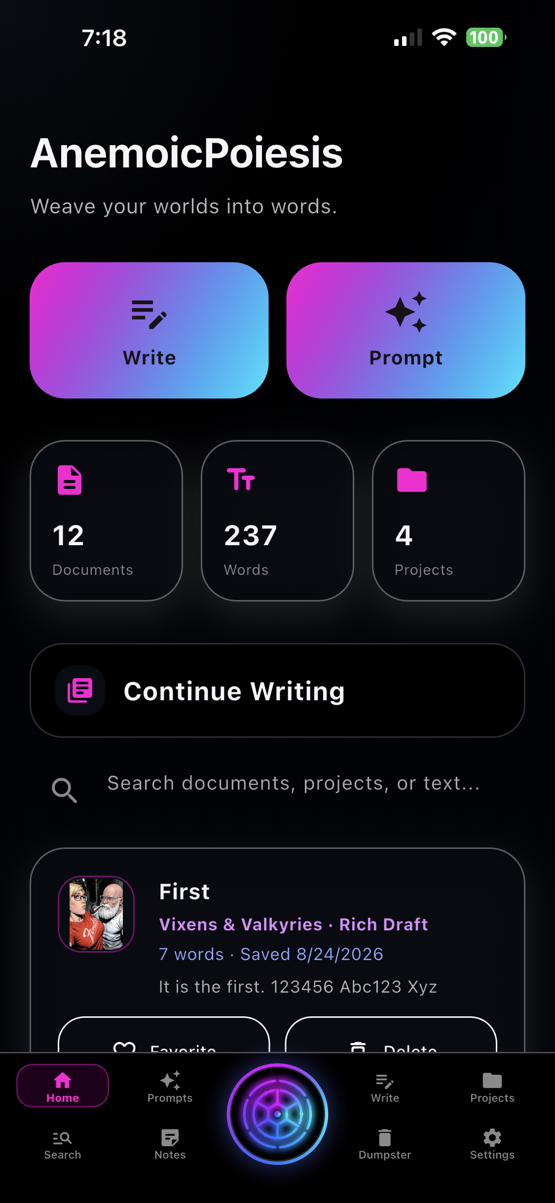 Home dashboard with quick access to writing, prompts, projects, search, and recent work.