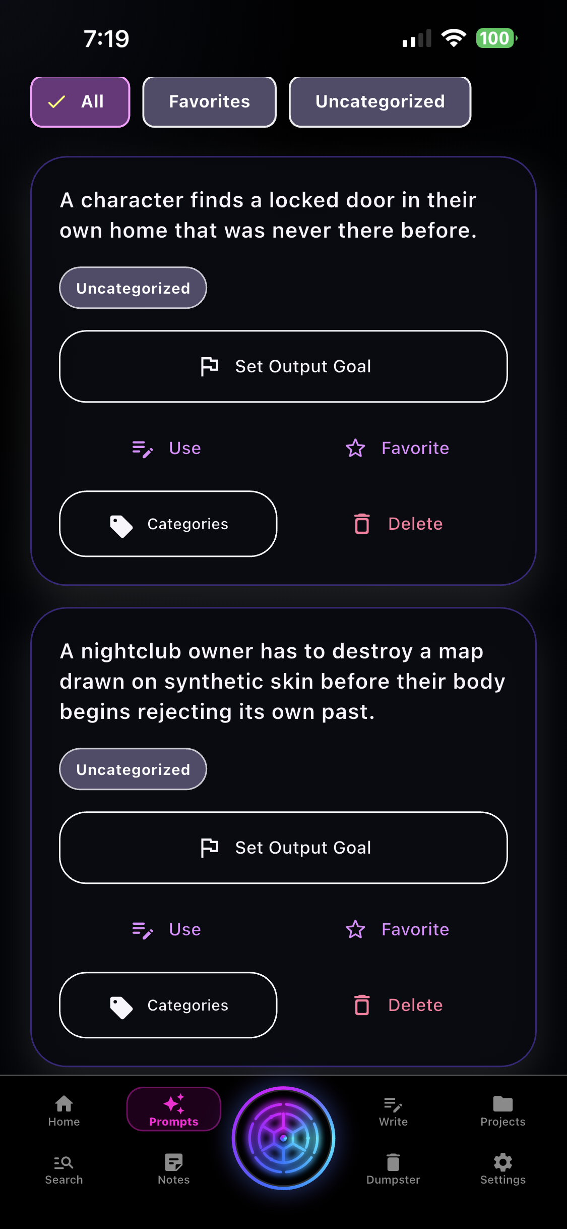Saved prompt library with goals, categories, favorites, reuse, and deletion controls.