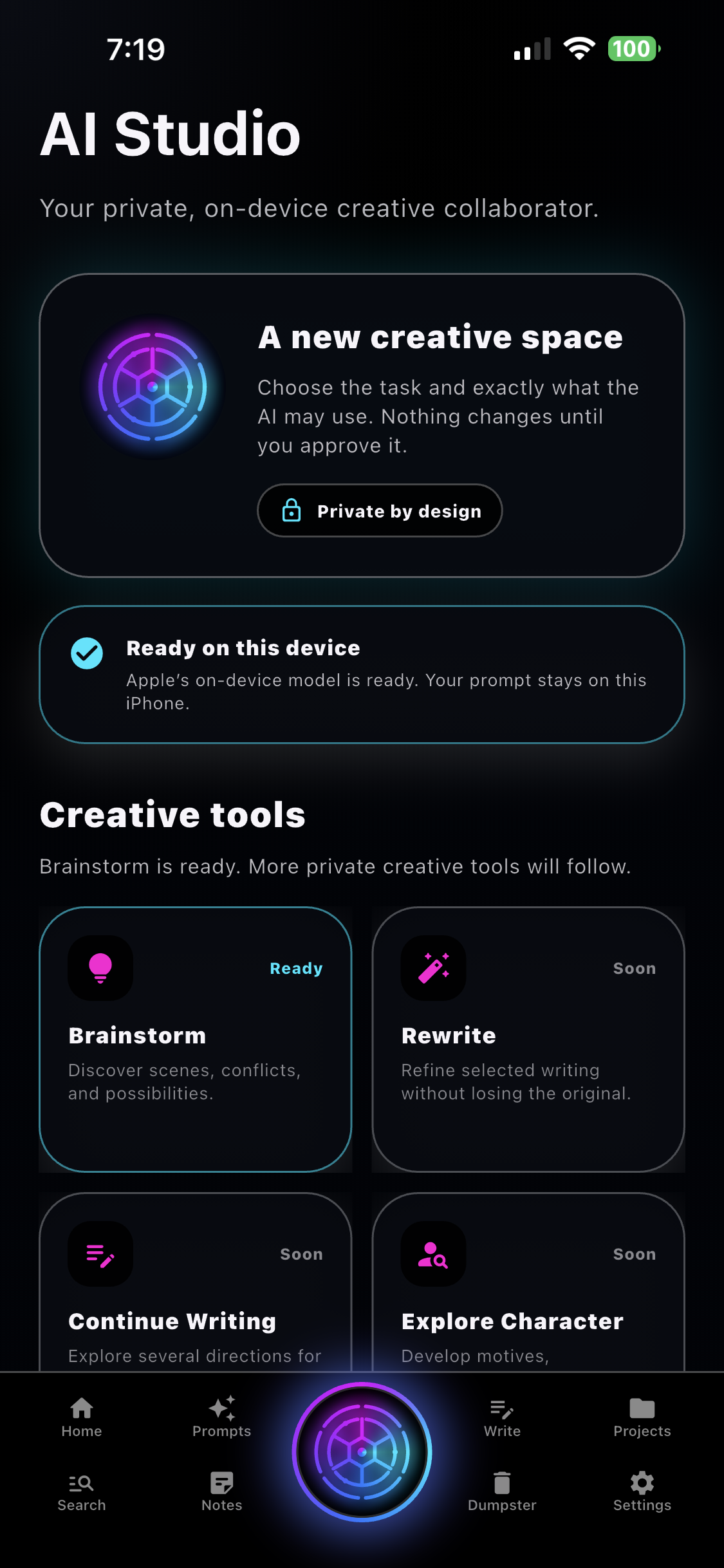 Private on-device AI Studio with brainstorming available and additional creative tools planned.
