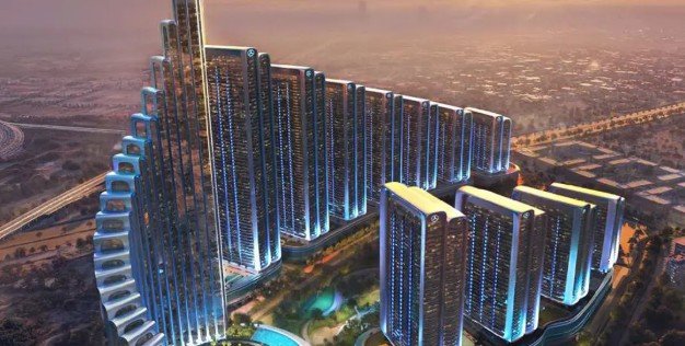Aerial rendering of the Mercedes-Benz Places Binghatti City master plan featuring multiple residential towers in Dubai.
