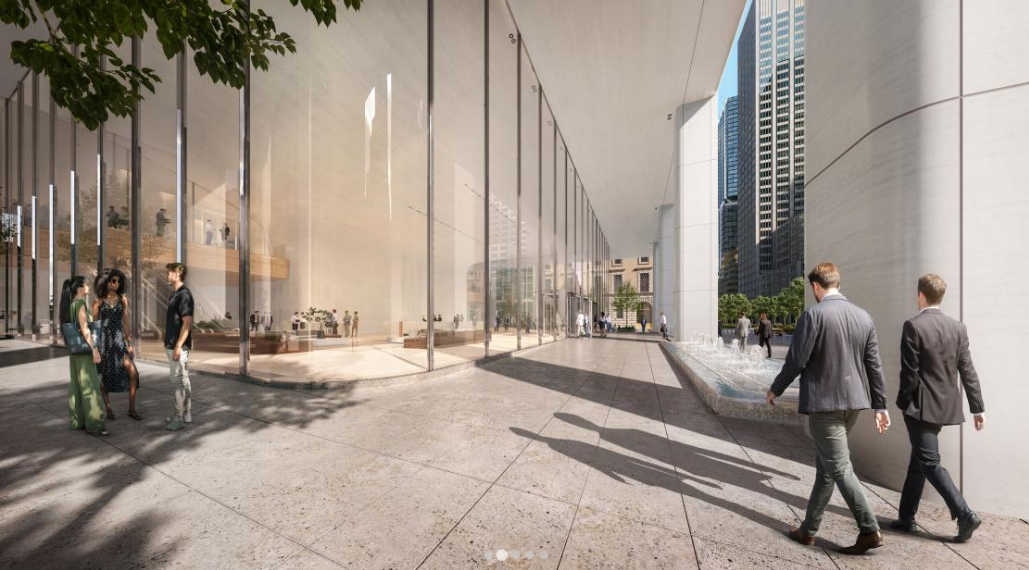 Tall glass entrance and public plaza at the base of 350 Park Avenue