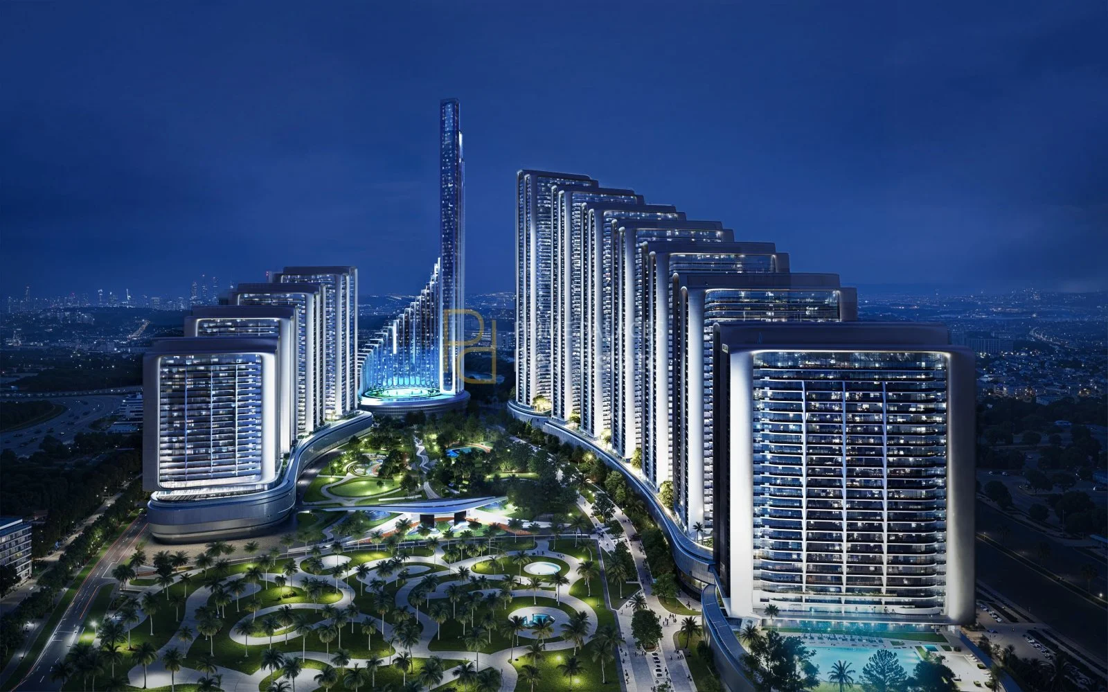 Aerial rendering of landscaped gardens, pathways, water features and towers at Mercedes-Benz Places Binghatti City.