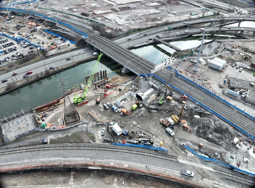 Aerial view of the Ontario Line construction site at Pape Station in Toronto.