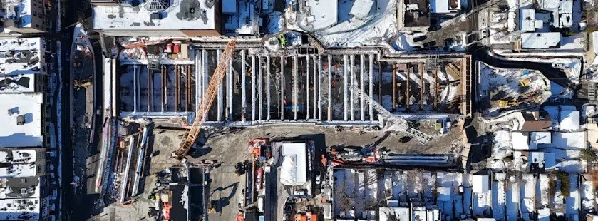 Deep excavation underway for the Ontario Line station in Toronto’s Corktown area.