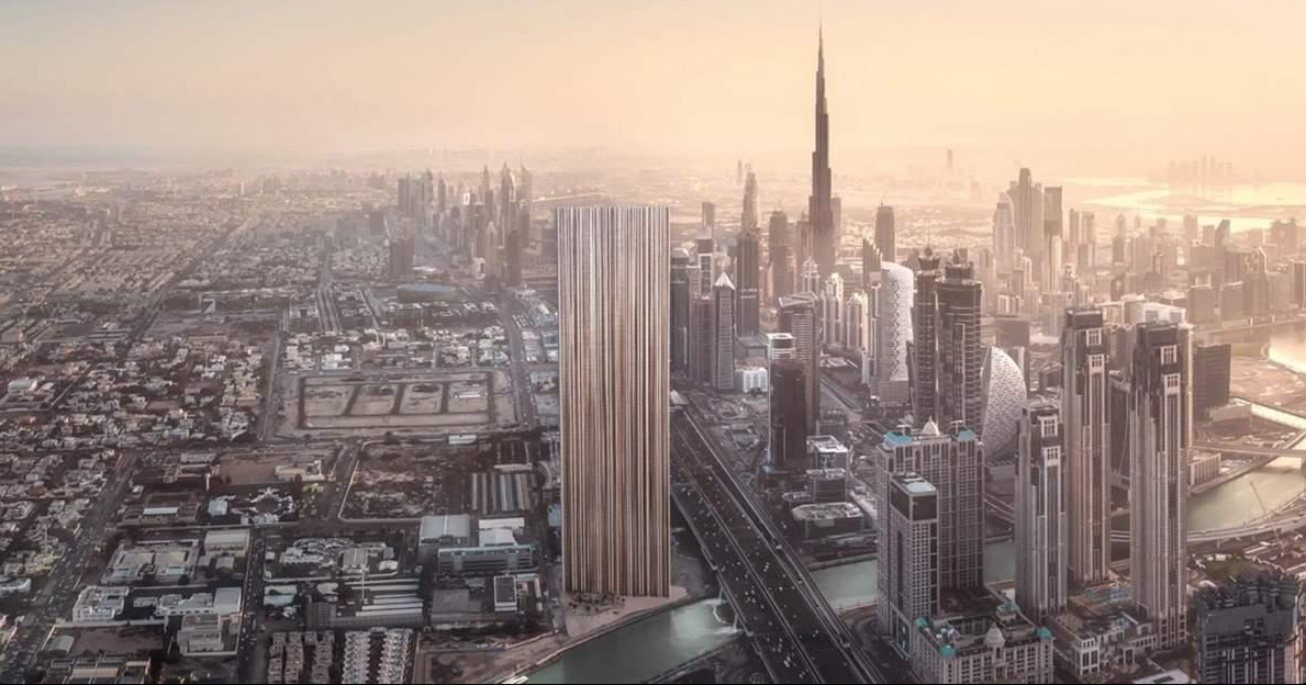 Muraba Veil skyscraper beside Dubai skyline with Burj Khalifa in the distance