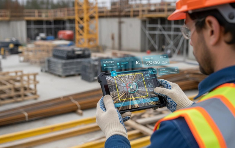 Construction worker using a tablet with AI-powered inspection technology on an active jobsite