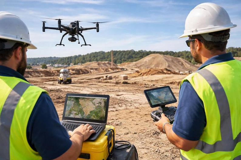 Construction surveyor operating a drone to capture aerial mapping data over an active earthwork site