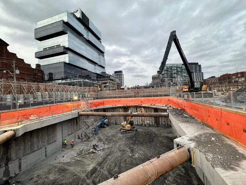 Aerial view of major Ontario Line construction underway near Exhibition Station in Toronto.