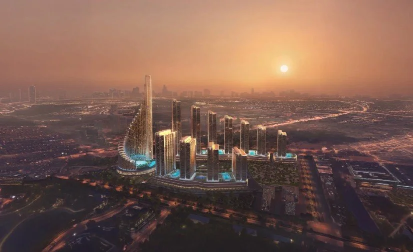 Architectural rendering of Mercedes-Benz Places Binghatti City showing its residential towers and landscaped public spaces in Dubai.