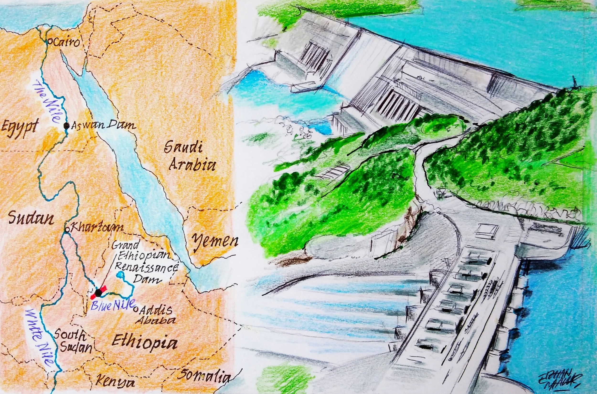 Aerial view of the Grand Ethiopian Renaissance Dam on the Blue Nile, a major source of regional debate over Nile water management.