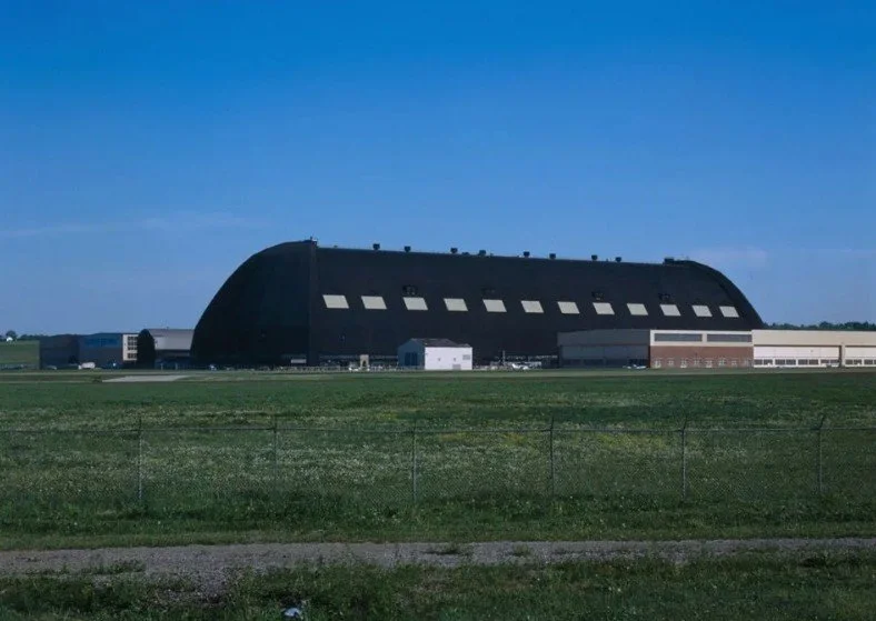 Exterior view of the historic Akron Airdock, formerly the Goodyear Airdock, in Akron, Ohio.