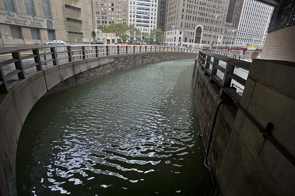 Floodwater filling the Hugh L. Carey Tunnel in Lower Manhattan after Hurricane Sandy in October 2012