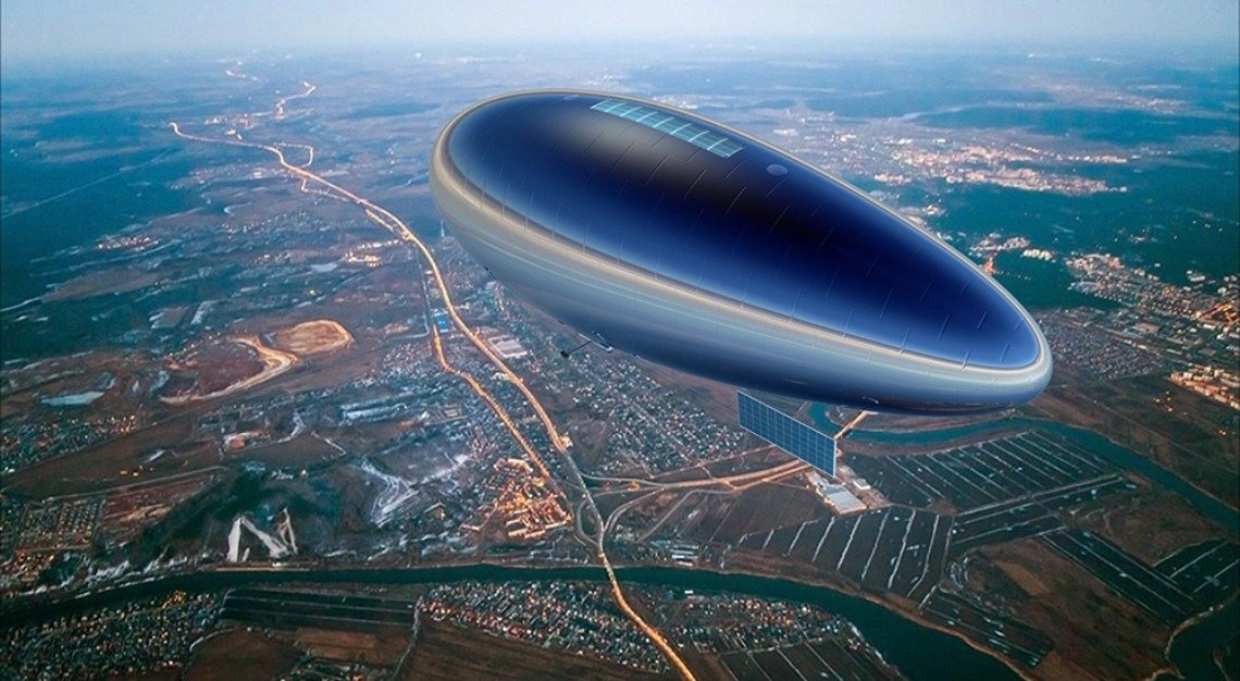 Modern LTA Research rigid airship positioned inside the historic Goodyear Airdock in Akron, Ohio.