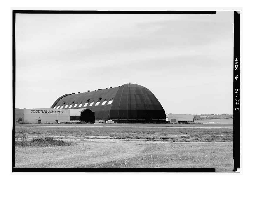 Massive curved doors opened at one end of the historic Goodyear Airdock in Akron, Ohio.