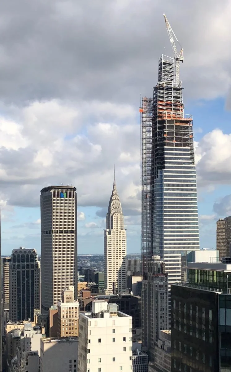 Structural steel framing being erected during construction of a New York City skyscraper
