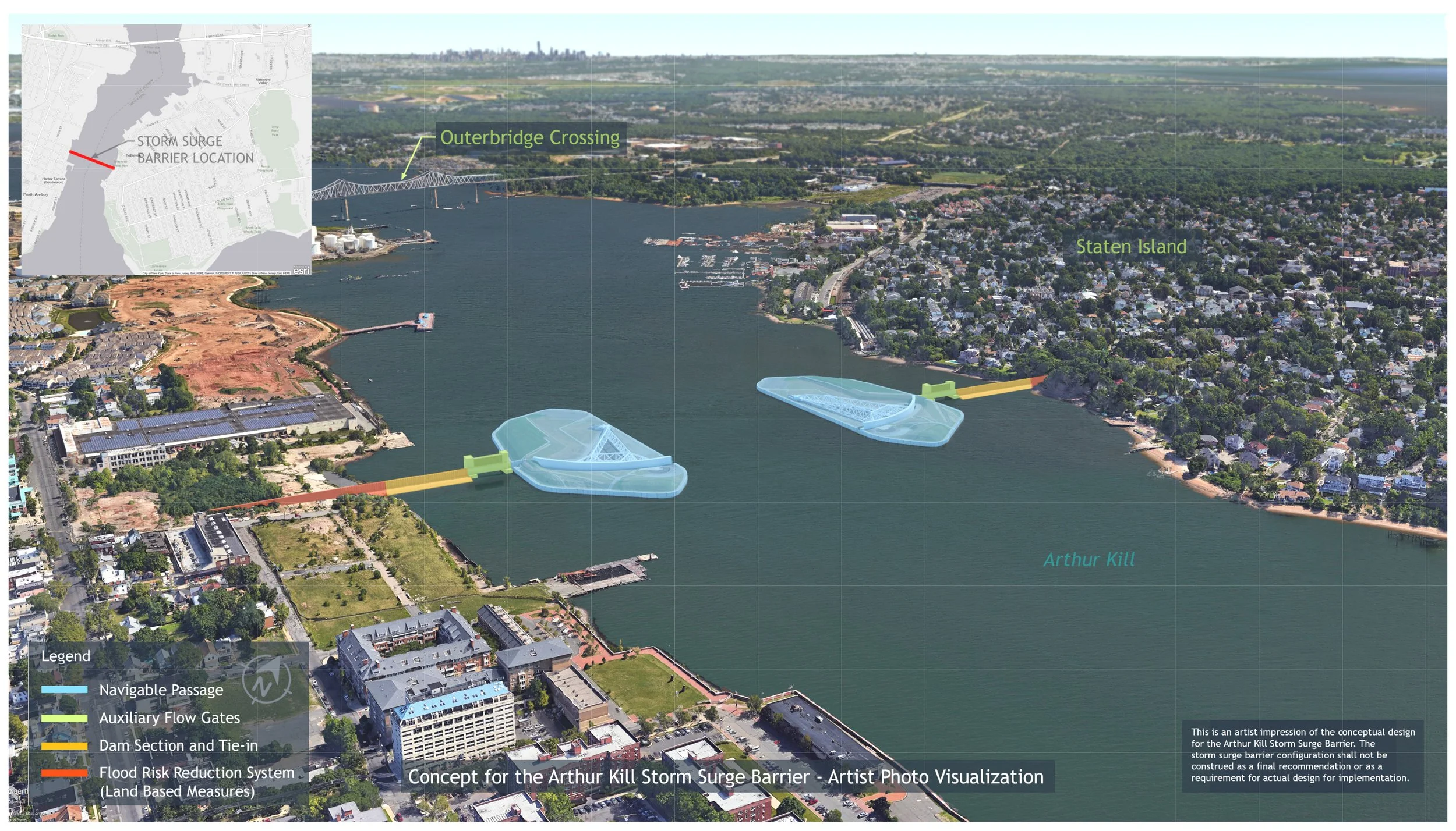 Concept rendering of a massive storm-surge barrier proposed to protect New York Harbor from coastal flooding