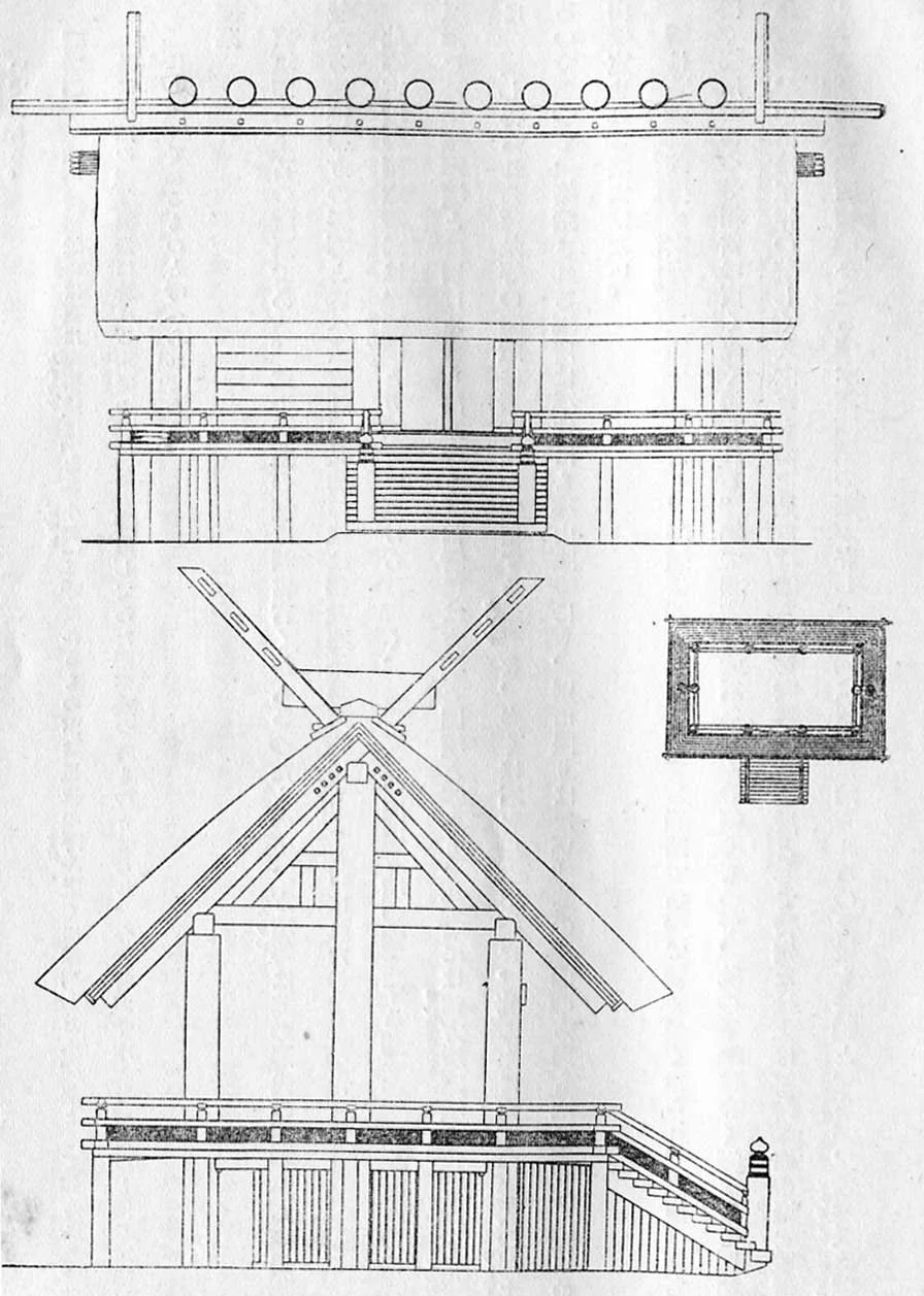 Architectural elevation and floor plan of the traditional Ise Shrine