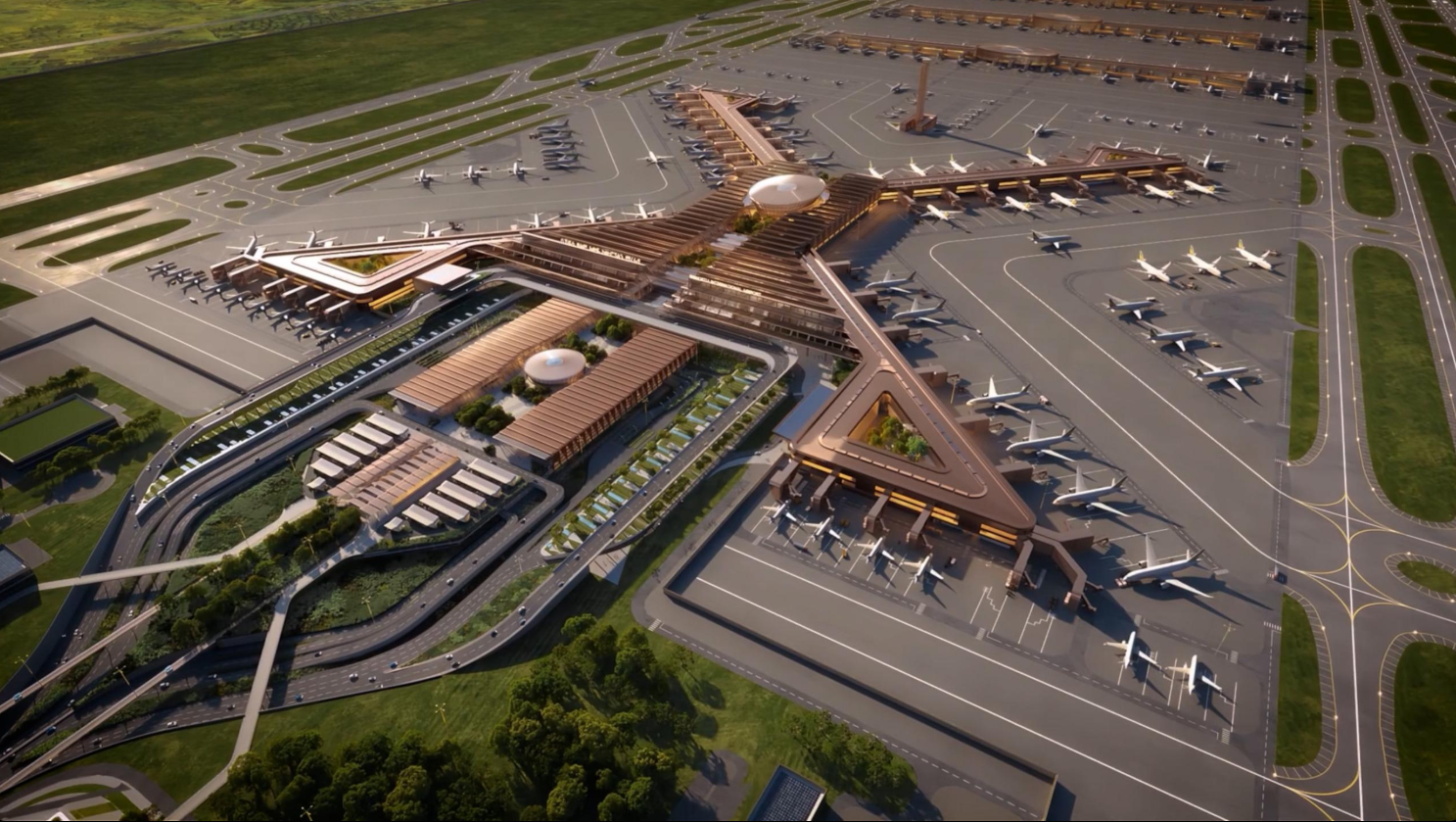 Aerial rendering of Bishoftu International Airport in Ethiopia designed by Zaha Hadid Architects